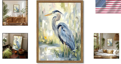Framed Blue Heron Wall Art for Coastal Decor