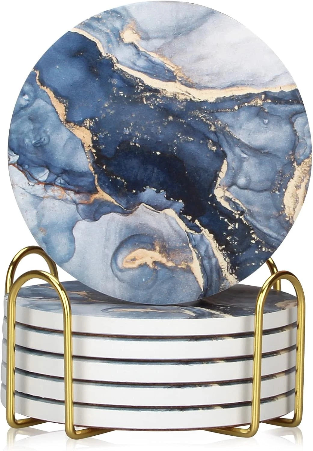 Set of 6 Navy Blue Marble Abstract Round Ceramic Coasters for Home Decor