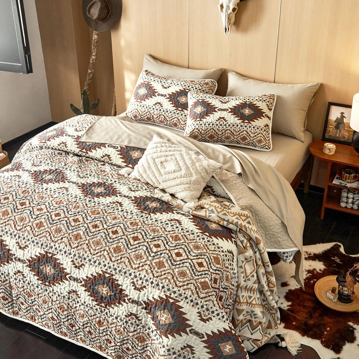Set of 4 Southwestern Aztec Quilts for King Size Bed (Beige Brown)