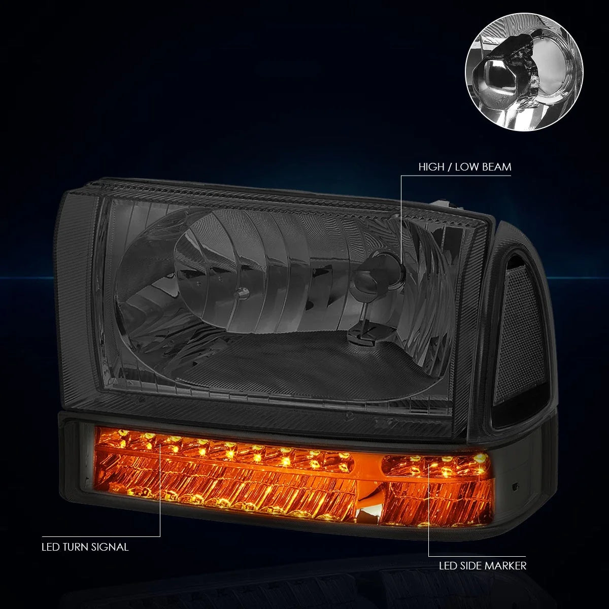 Headlight with Turn Signal Lamp for Ford F-250/350 (1999–2004) Smoked Lens