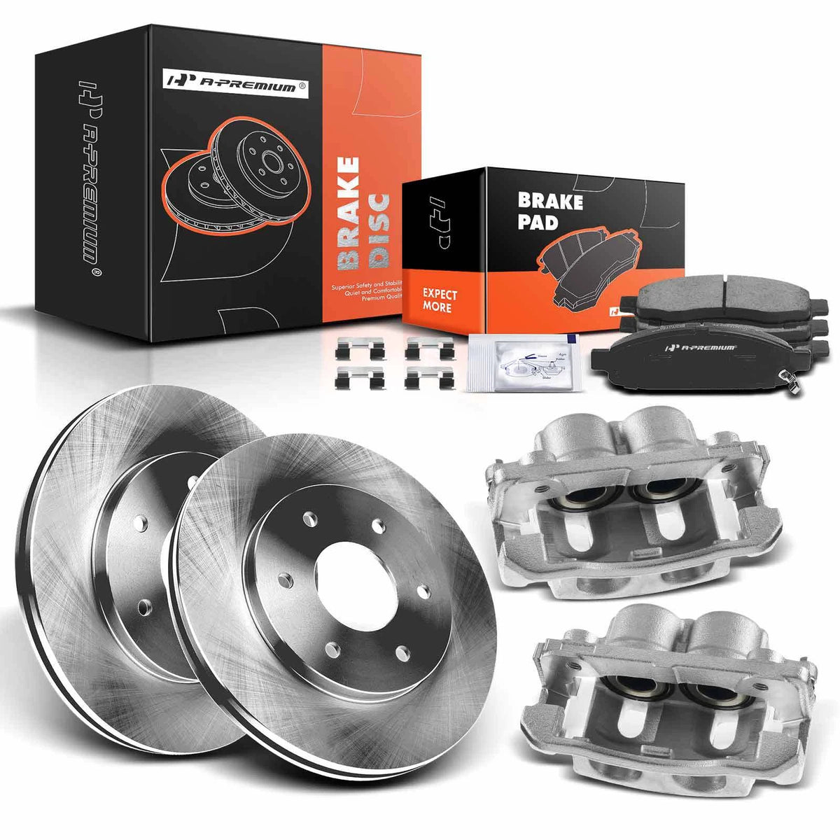 A-Premium Pair Front Brake Rotor & Pads + Caliper for Nissan Titan (2004–2005) BR31328-01, BR31328-02, R-31328, P-1015