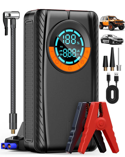 Portable Car Jump Starter with Air Compressor & LED Light for Universal Use