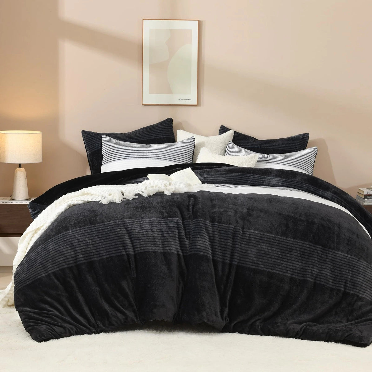 Set of 2 Fluffy Fleece Comforters for King Size (Luxury Soft Plush Black)