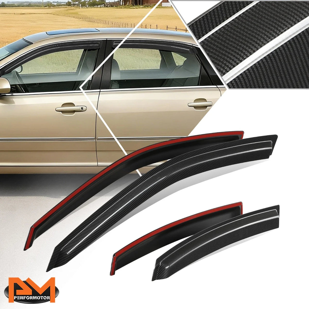 Set of 4 Carbon Fiber Tap-On Window Visors for Chevy Impala (2000–2005)