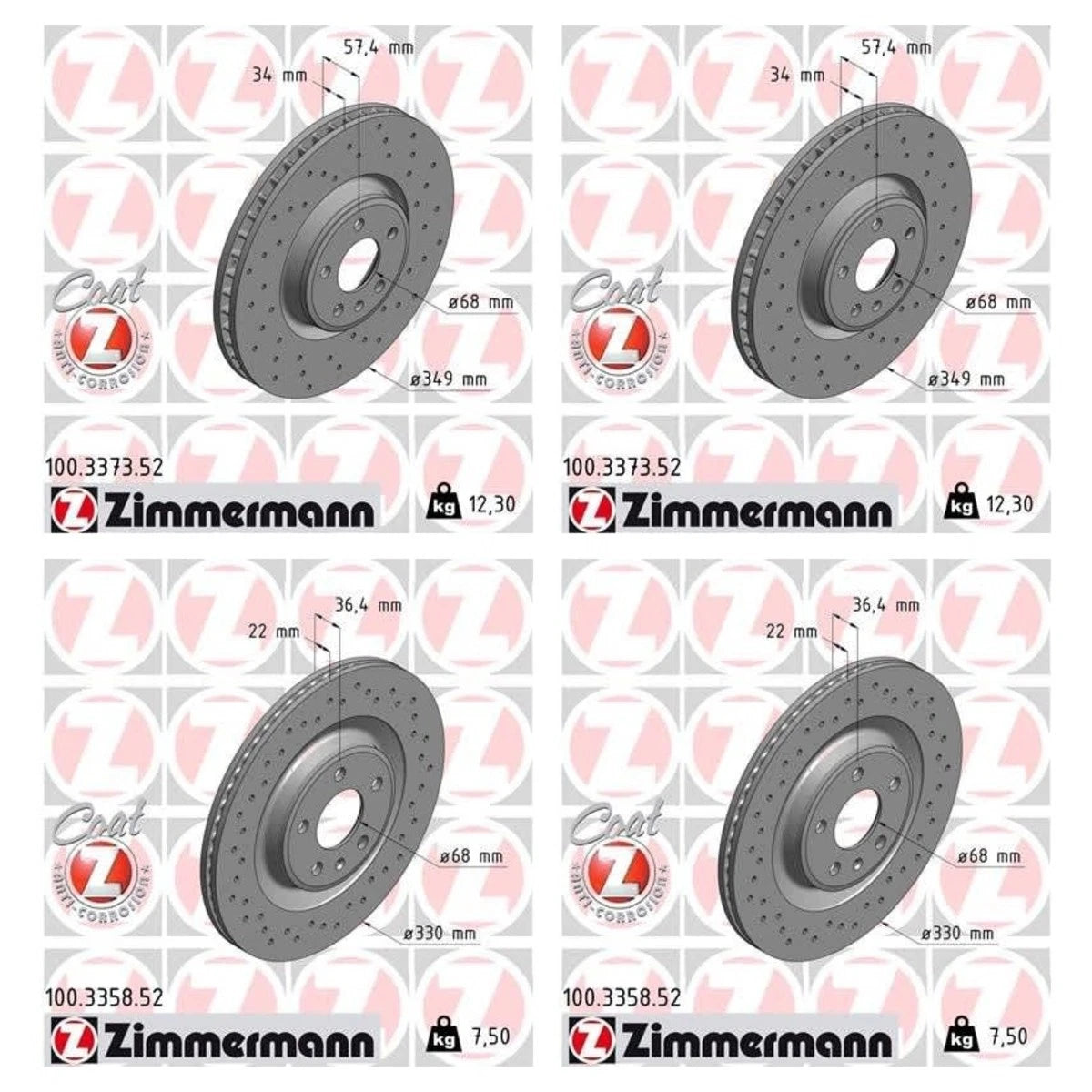 Set of 4 Brake Discs for Audi S5 (SET-ZXC100337352-A, 4H0615601D, 4H0615601H)