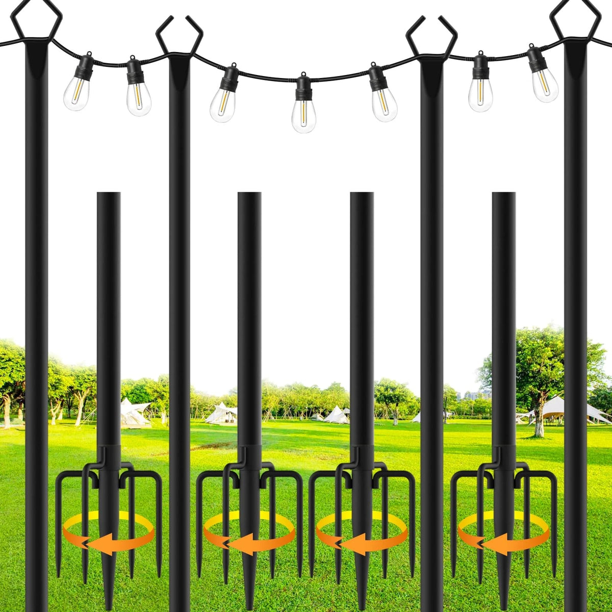 Set of 4 String Light Poles for Outdoor Use - 10 Ft Metal with Fork
