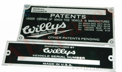 2X Patents Plate for Jeep Willys (Suitable for )
