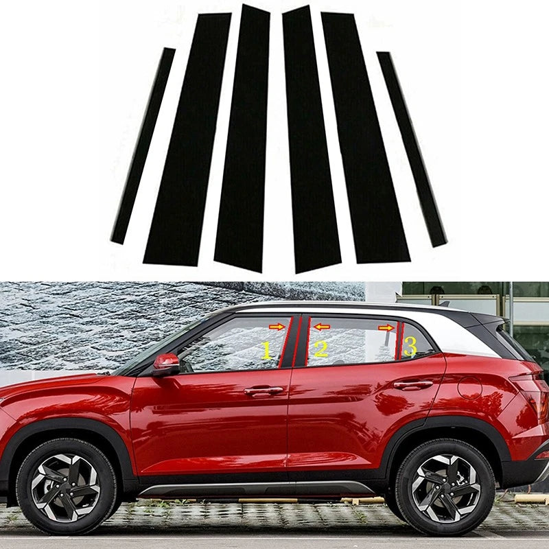 Set of 6 Glossy Black Pillar Post Trim for Hyundai Creta Ix25 (2020–2023)