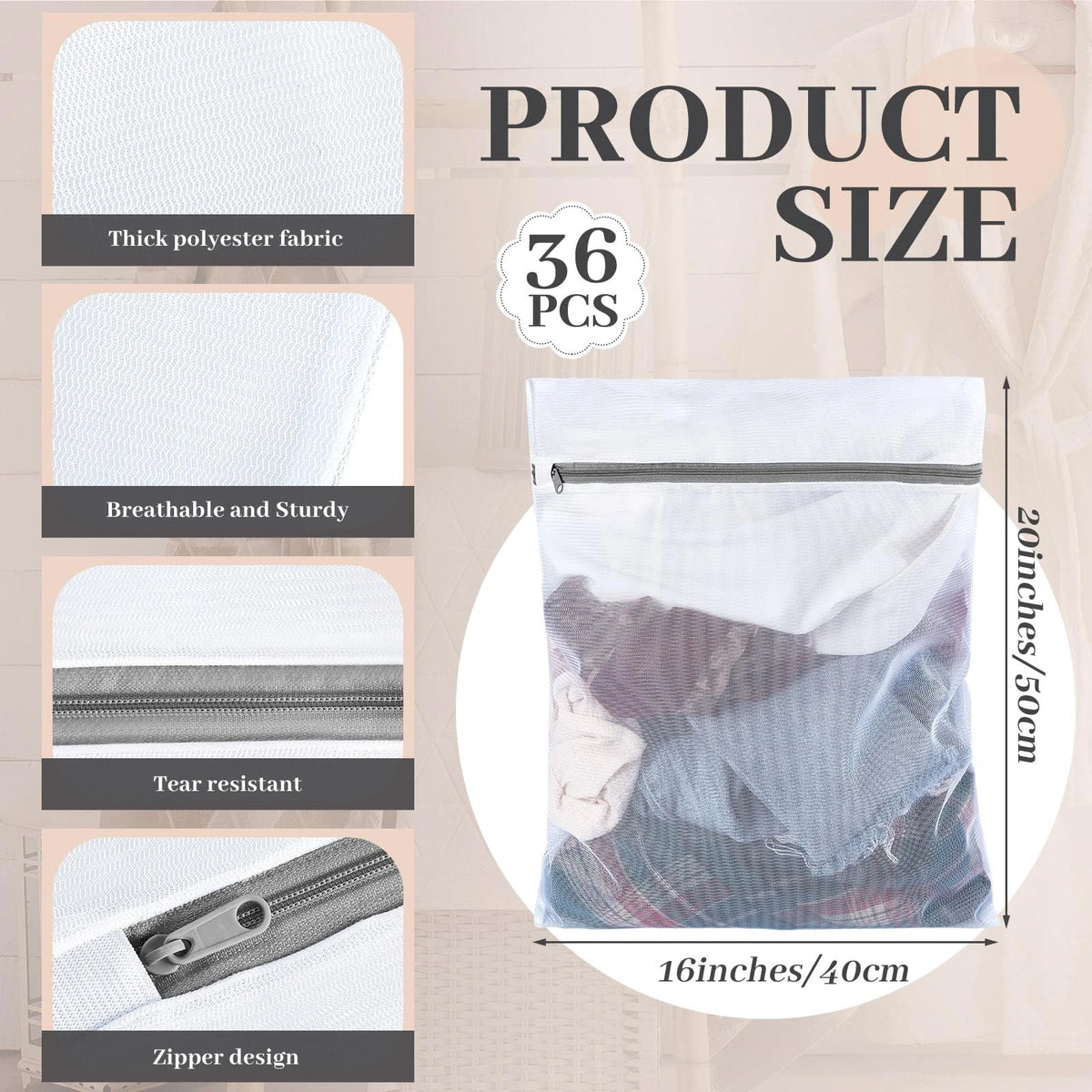 36 Mesh Laundry Bags for Delicates and Lingerie (16x20 Inch)