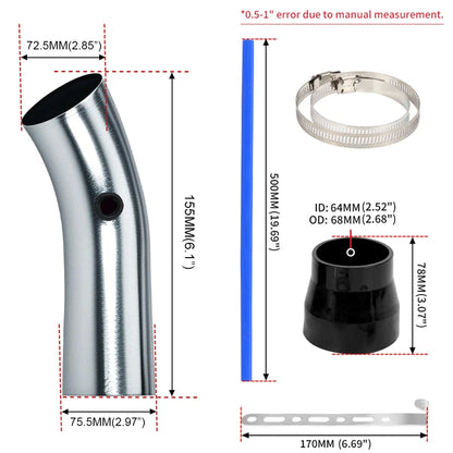 76mm 3" Silver Aluminum Cold Air Intake Induction Pipe Hose Tube for Universal