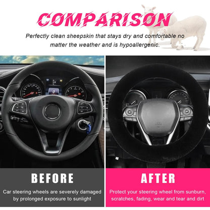 Fuzzy Steering Wheel Cover for Universal Fit (1 PC) - Black Fur