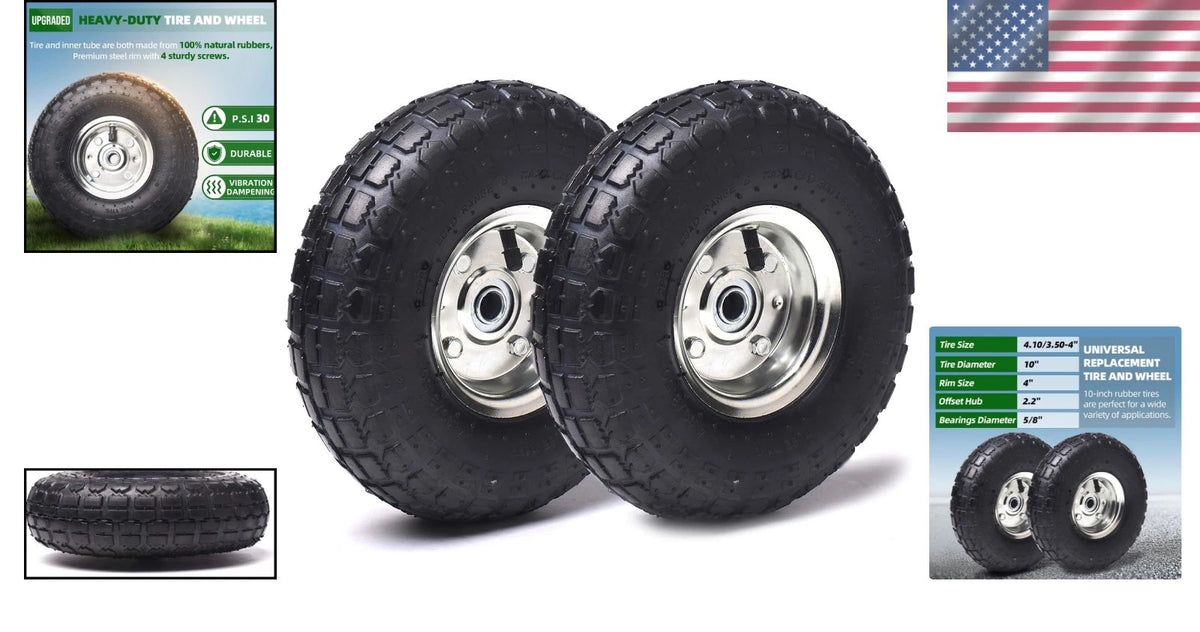 Set of 2 High-Traction 10-Inch Tires & Wheels for Garden Carts & Dollies