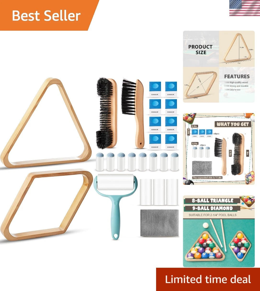 22-Piece Billiard Accessory Set with Triangle & Diamond Racks