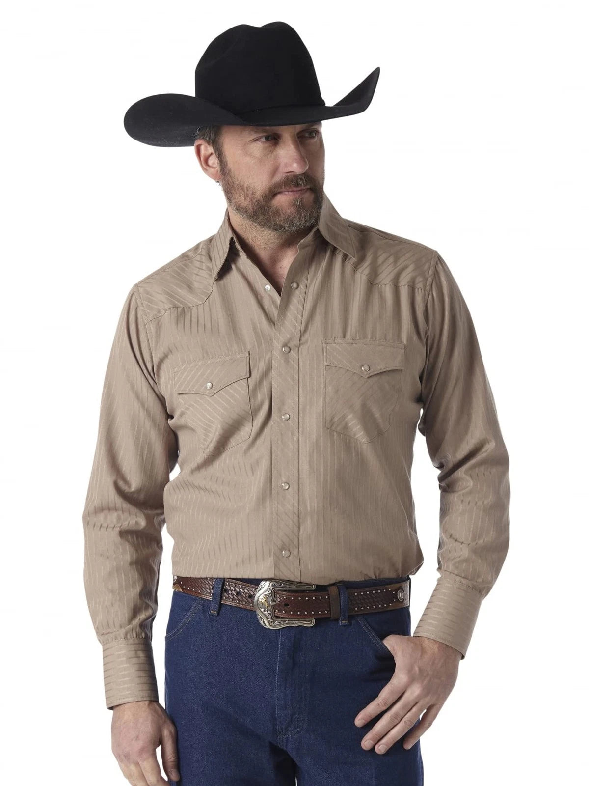 Wrangler Men's Sport Western Long Sleeve Snap Shirt, Dark Tan, Large