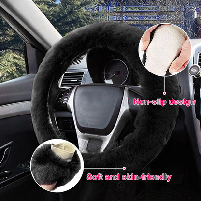 Fuzzy Steering Wheel Cover for Universal Fit (1 PC) - Black Fur
