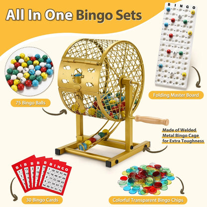 Set of 4 Bingo Game Sets with Steel Cage, 12.6" Tall, Gold