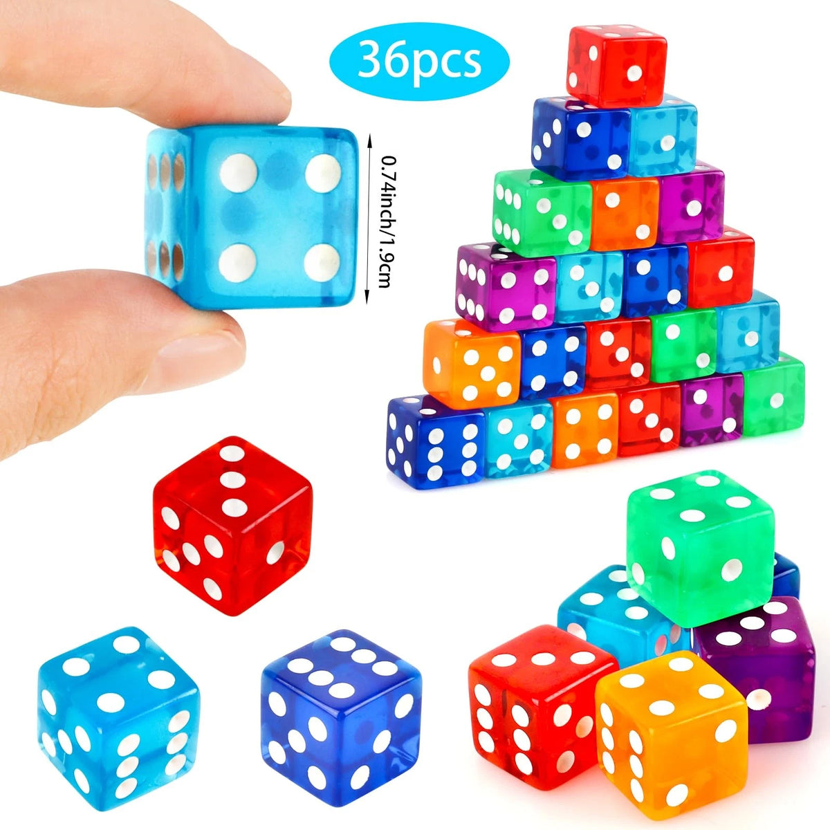 36-Piece Casino Dice Set for Various Games (19mm) - Red, Blue, Purple, Green, Orange