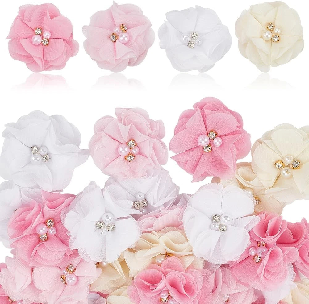 40 Pcs Pink Rhinestone Pearl Chiffon Flowers Appliques for Sewing