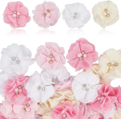 40 Pcs Pink Rhinestone Pearl Chiffon Flowers Appliques for Sewing
