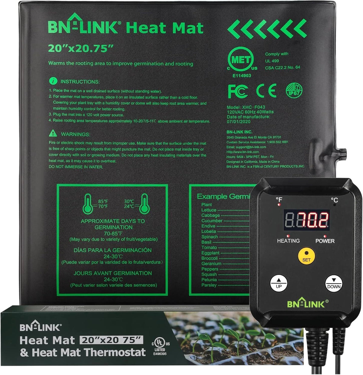 Heat Mat for Seedlings (20" x 20.75") with Thermostat Controller