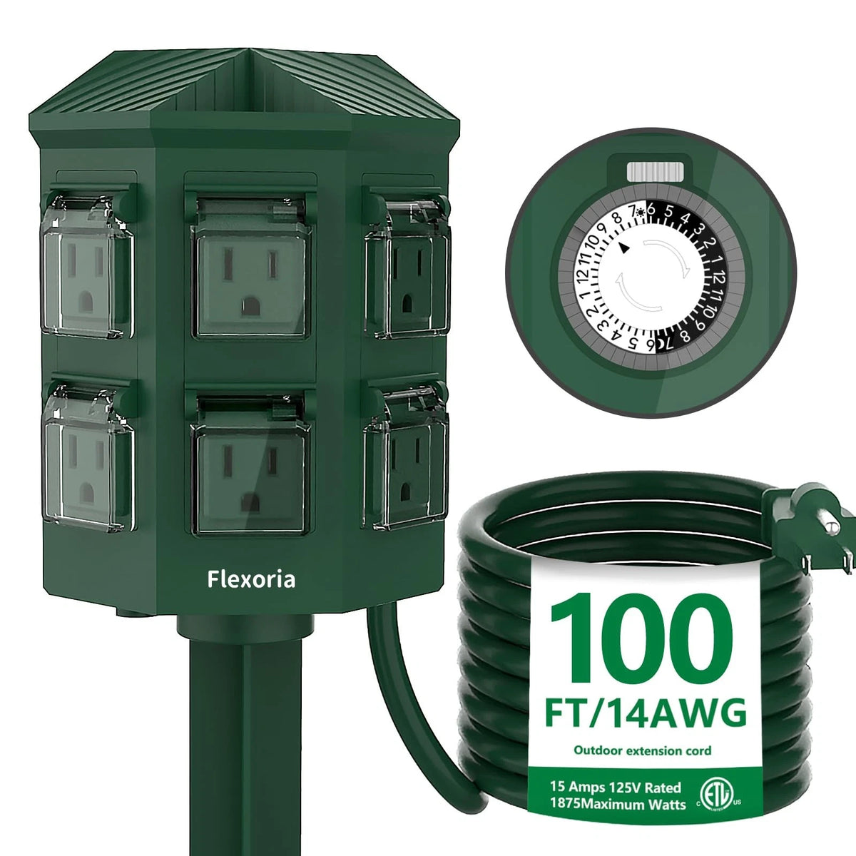 Flexora Outdoor Power Strip with 24-Hour Timer, 100 FT Extension Cord