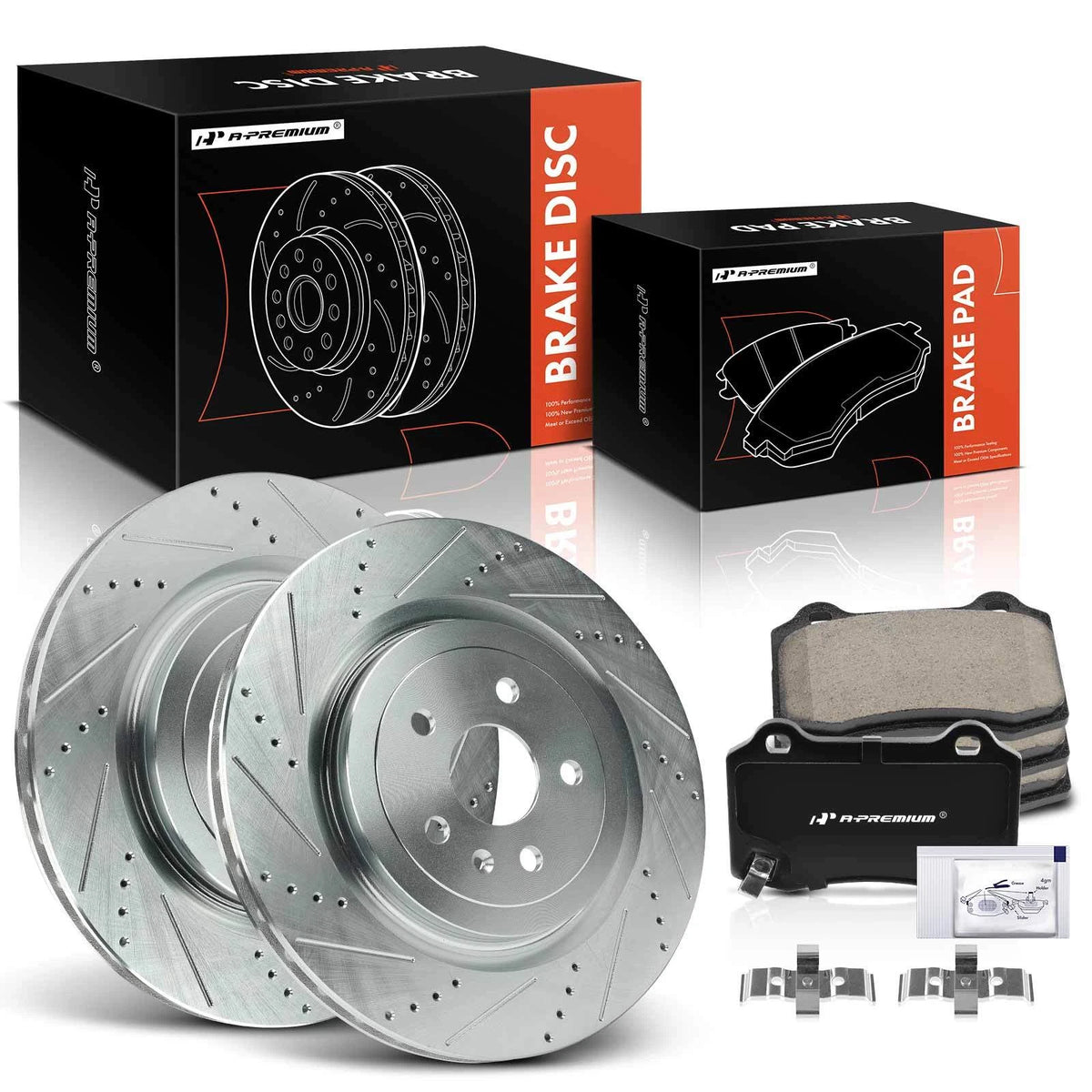 Set of 2 Drilled Brake Rotors & Pads for Chevy Camaro (2010–2015, 2017–2019) - 6PR1200717, P-1053, S-55163, 12162119