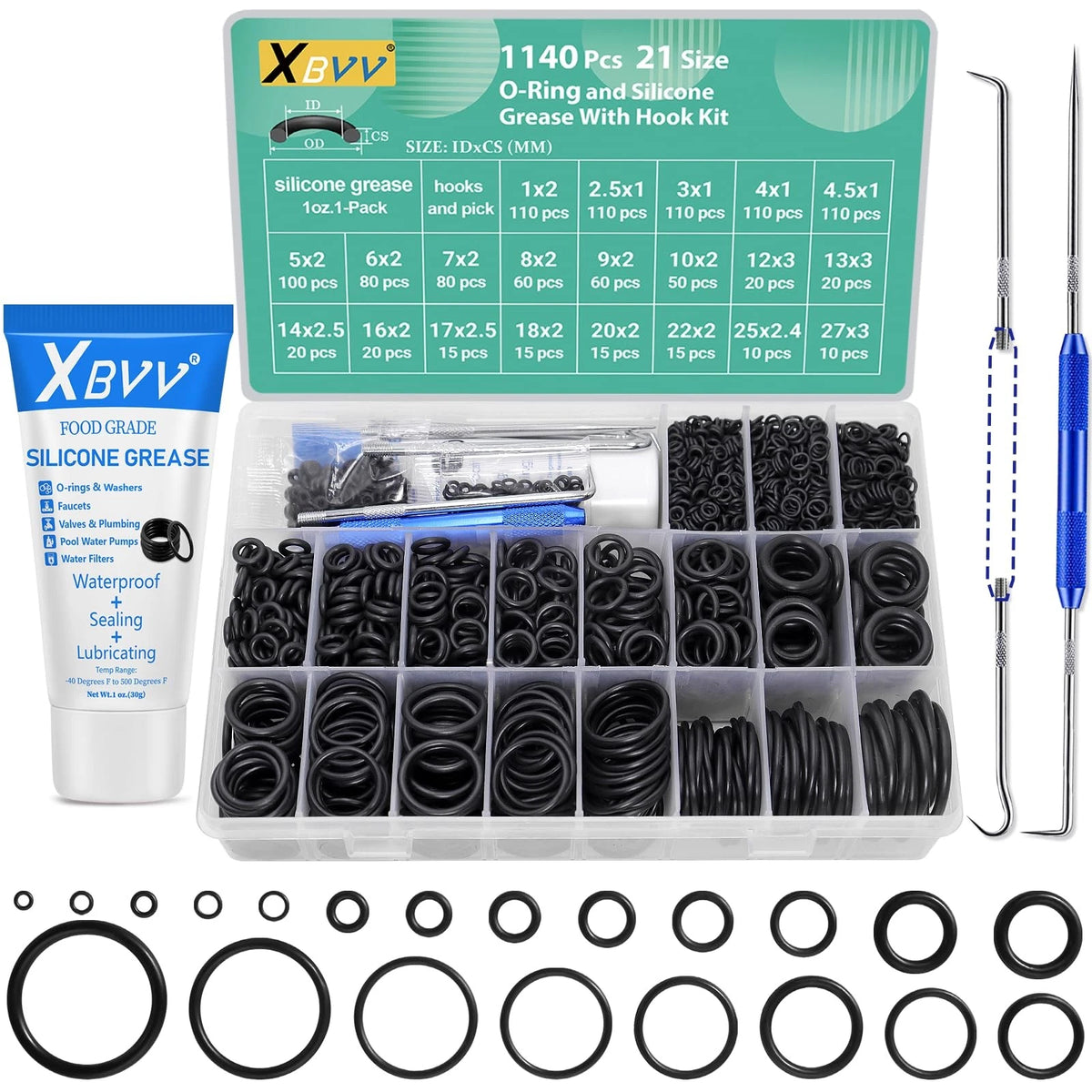 1140 Pcs Faucet O-Ring Assortment Kit with Food Grade Silicone Grease