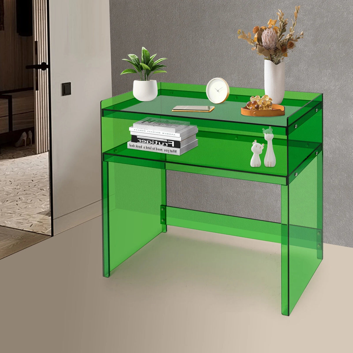 Acrylic Desk Small Entryway Table with Open Shelves (100x30x80cm)