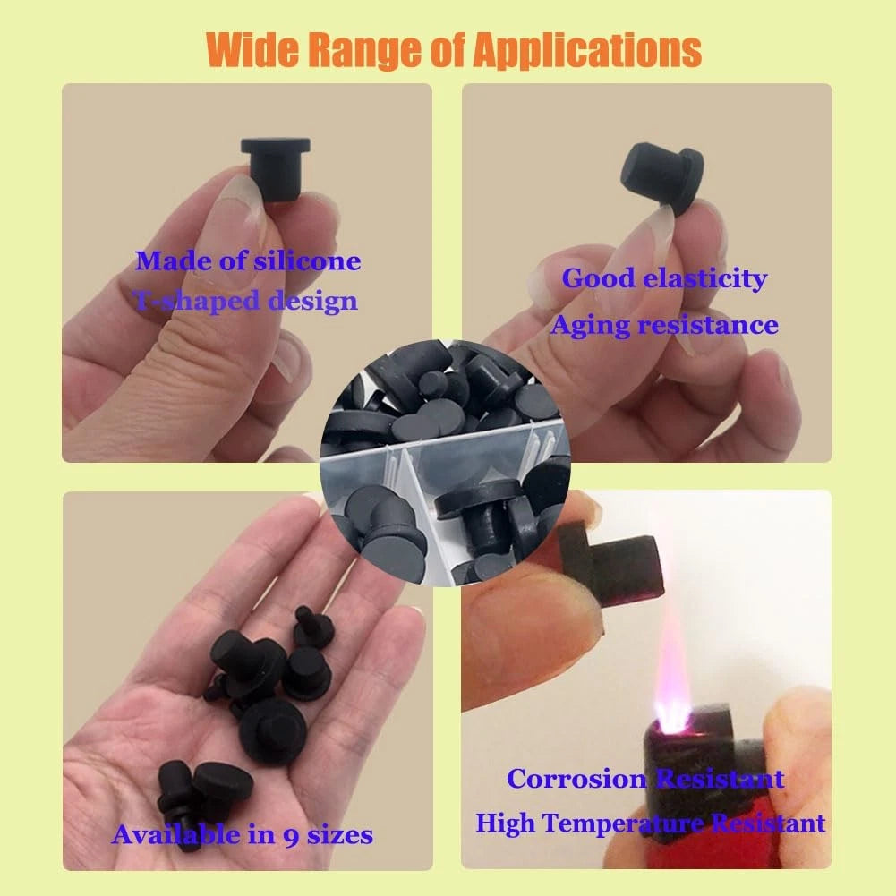 Set of 100 Silicone Rubber Hole Plugs - 9 Sizes T-Type Black
