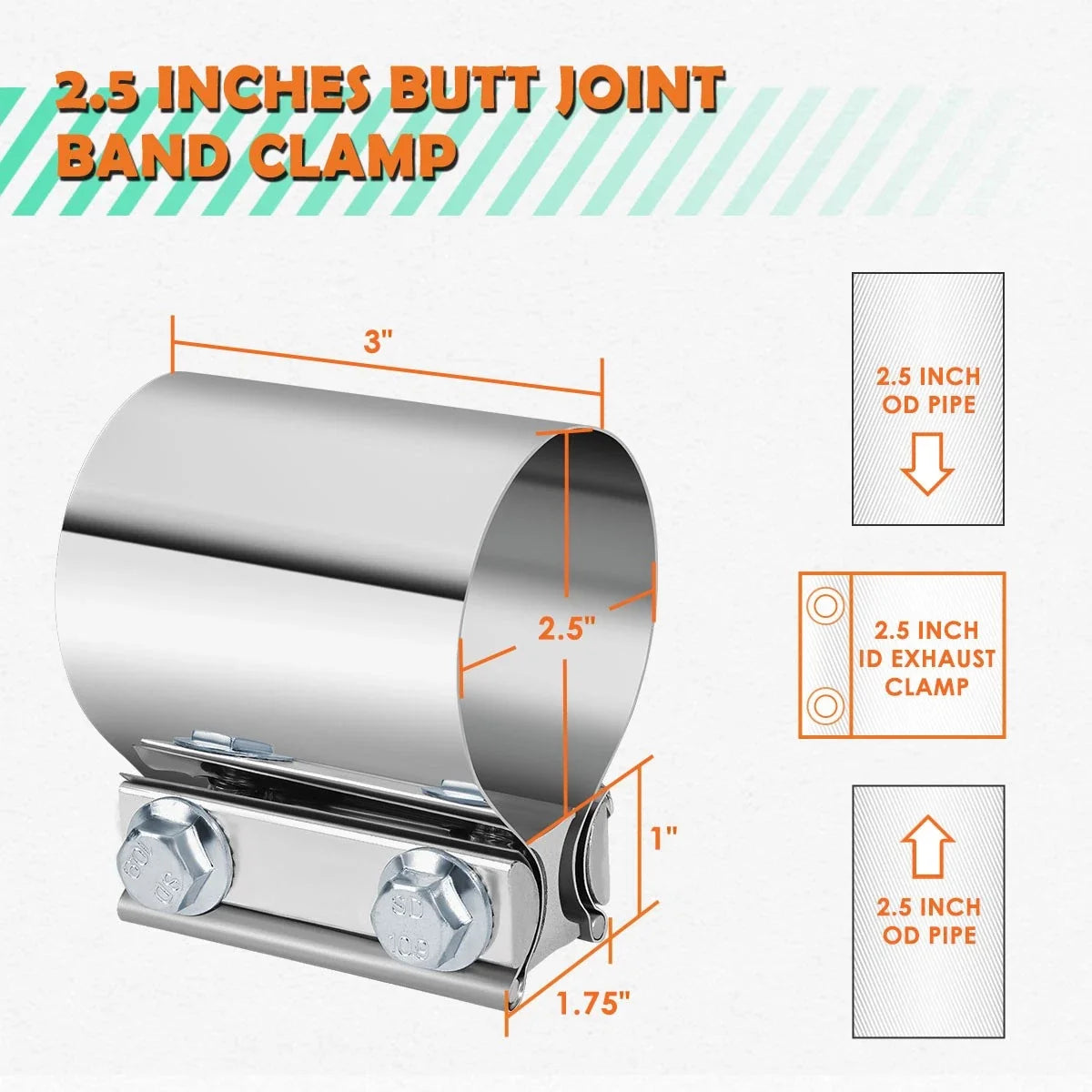 2X 2.5" Stainless Steel Catback Exhaust Butt Joint Band Clamps for