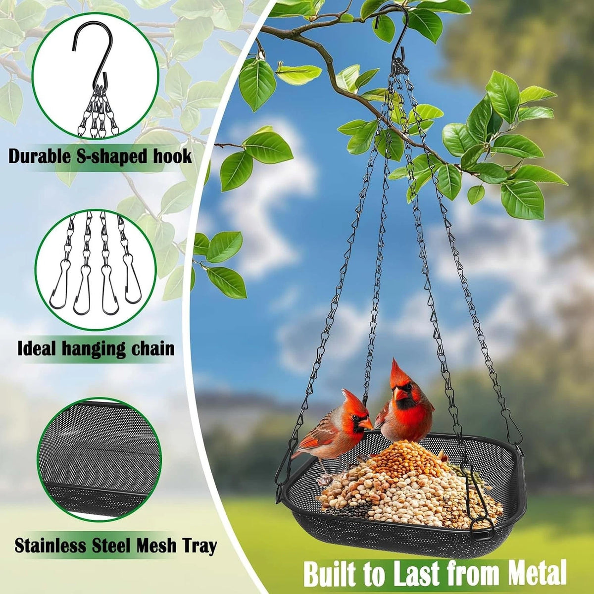 Metal Platform Bird Feeder for Hanging Seed Tray (11 in Square, Black)