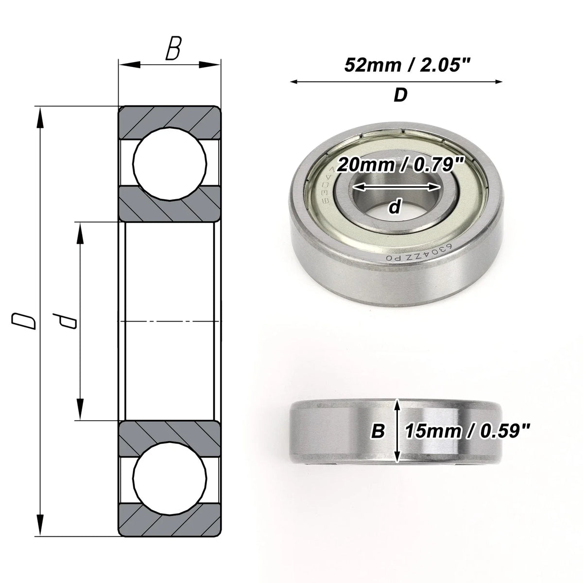 6304ZZ Deep Groove Ball Bearing for Scooter Skateboard (20x52x15mm)
