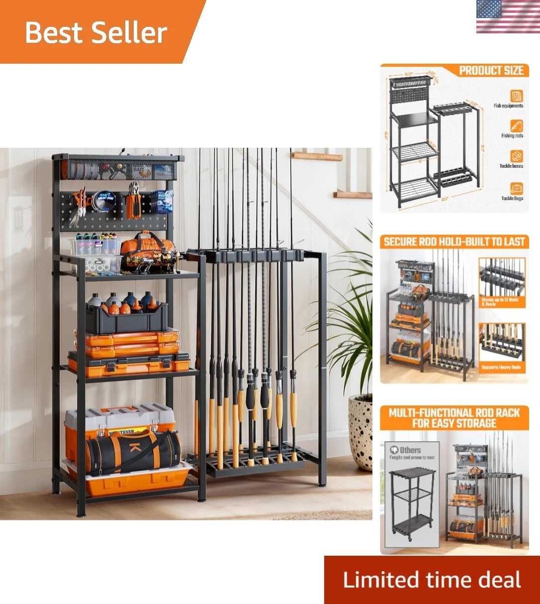 Multi-Functional Fishing Rod Organizer - Holds 12 Rods, Easy Assembly