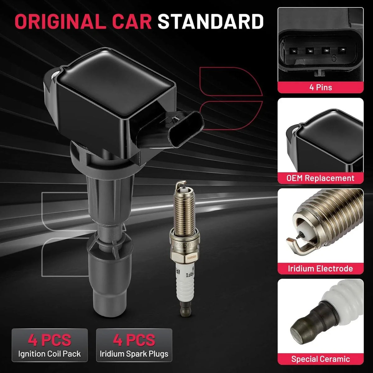 Ignition Coil & Iridium Spark Plug Set of 4 for 2016-2018 Kia Sorento 2.0L (2016–2018)