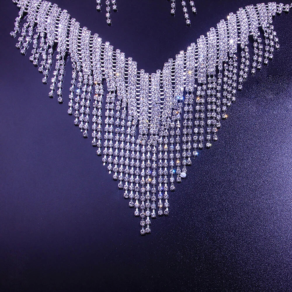 Set of 4 Crystal Choker Rhinestone Necklace Earrings for Bridal Party