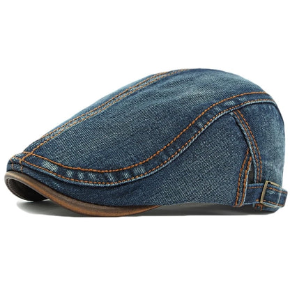 Denim Newsboy Hat Flat Cap for Men Women - Deep Blue