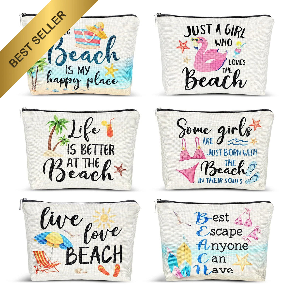 Set of 6 Beach Makeup Bags for Summer Essentials