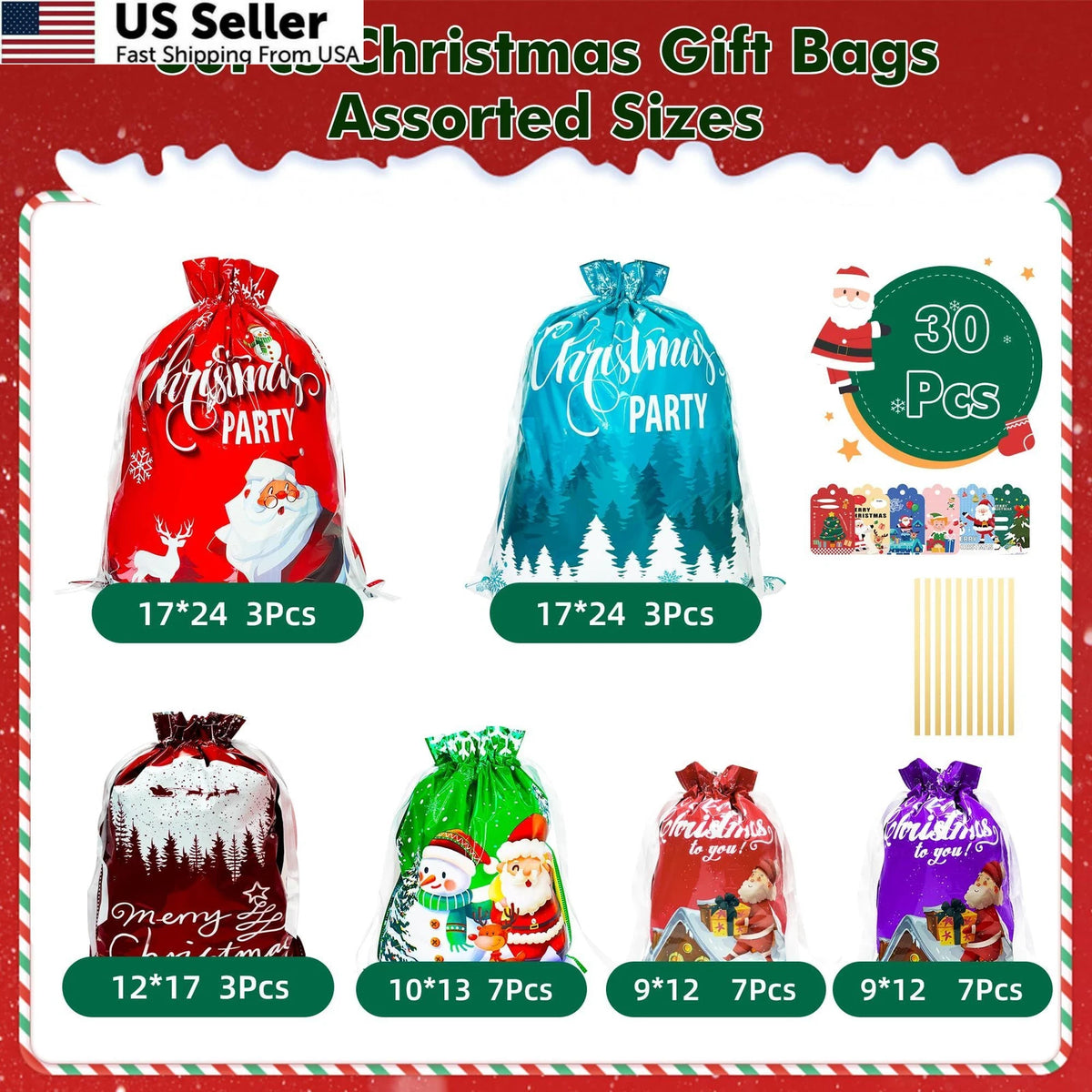 Set of 3 Drawstring Bags (Large 17x24, Medium 15x20, Small 9x12)