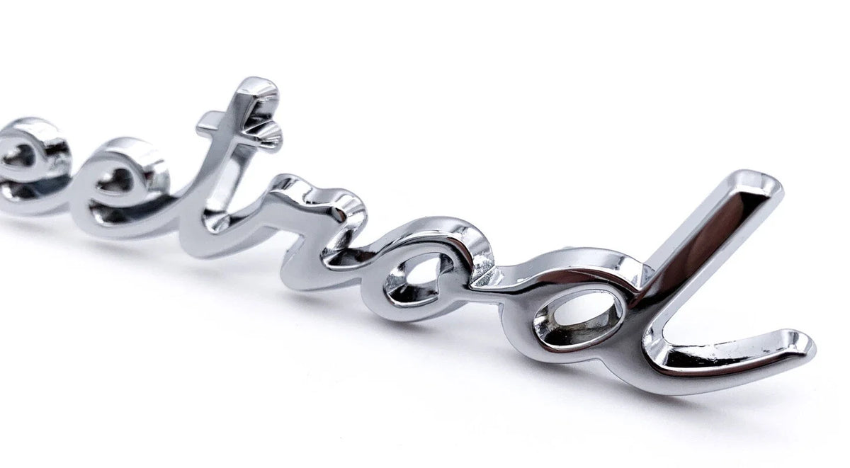 Universal Streetrod Chrome Script Emblem with Clips for Hot Rods (—)