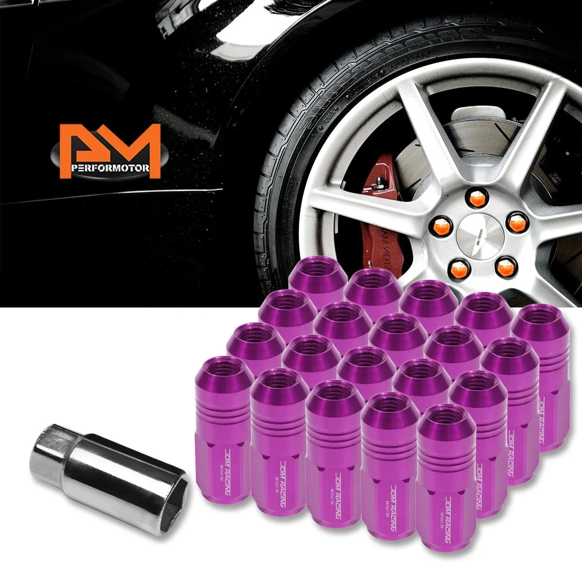 Set of 20 M12X1.5 Purple Closed End Cone Hex Wheel Lug Nuts + Extension 20mm