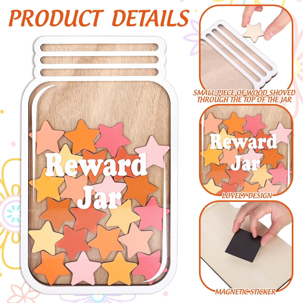 39 Pcs Boho Star Wooden Reward Jar Cutouts with Magnets