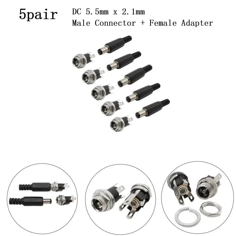 5 Pairs DC5.5 x 2.1mm Male Connector + Metal Female Terminal Adapter
