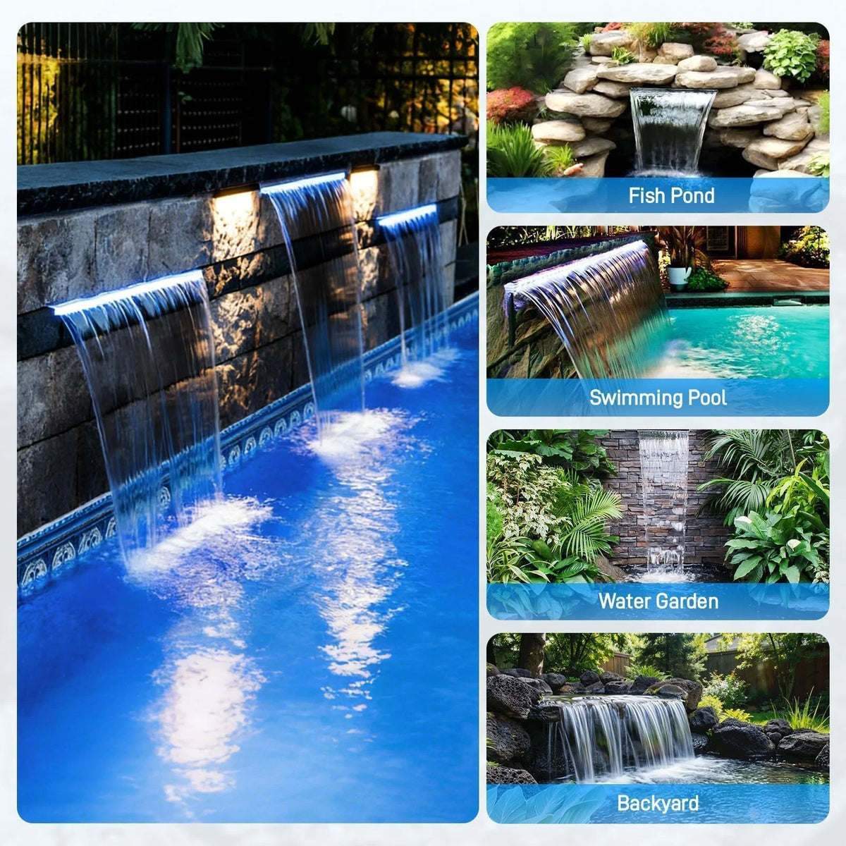 12" Stainless Steel Spillway Waterfall Kit with LED Light and 45W Pump