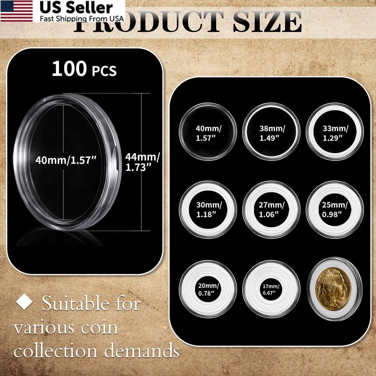 100PCS Silver Dollar Coin Holders 40mm Inner, 44mm Outer, 17-40mm Gasket