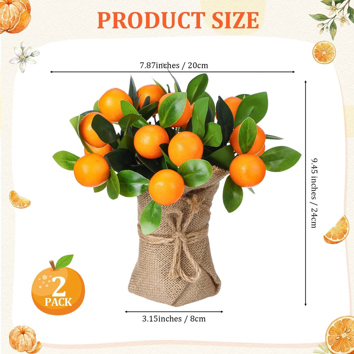 2X Artificial Orange Potted Plants 9.45 Inch Realistic Fruit Pot