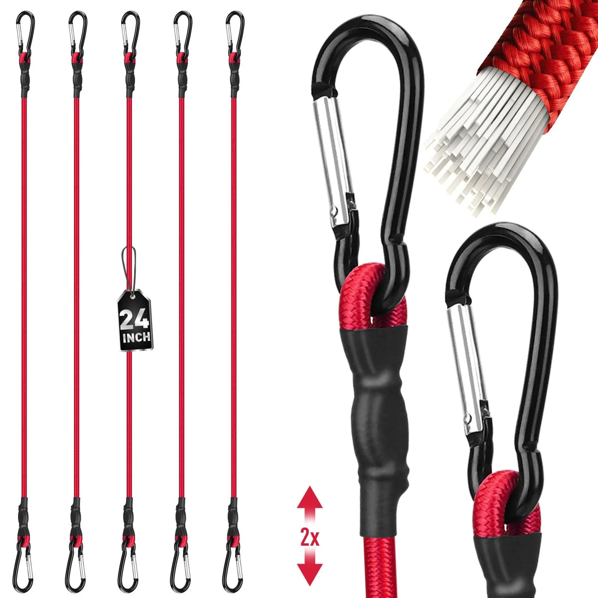 Set of 5 Heavy Duty 24 Inch Bungee Cords with Carabiner Hooks