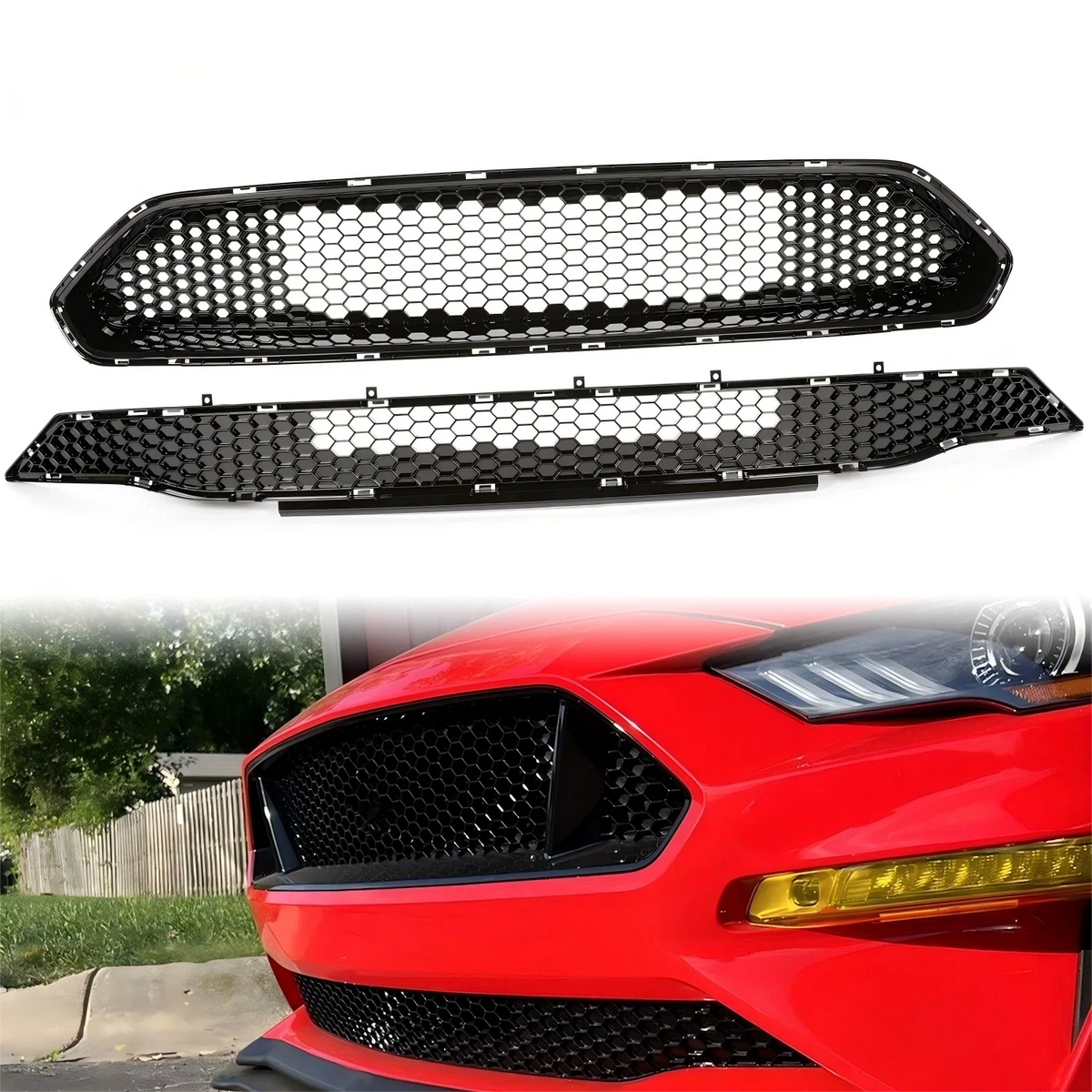 Front Upper Grille + Lower Mesh Grill Honeycomb Black for Ford Mustang (2018–2022)