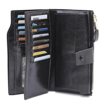 Leather Long Wallet for Women - RFID Blocking, Black