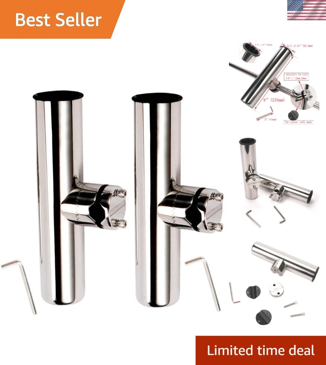 2X Adjustable Stainless Steel Fishing Rod Holder for Rails (Fits 7/8" to 1")