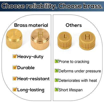 AC Valve Caps for R134a System - Leakproof Brass High & Low Pressure Covers